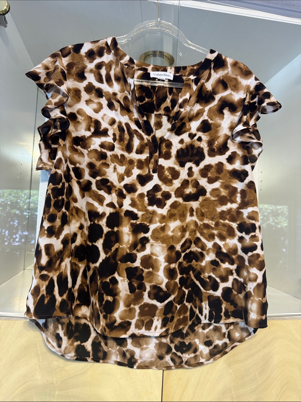 Calvin Klein Leopard V-Neck Top layered ruffle cap sleeves high-low hem large